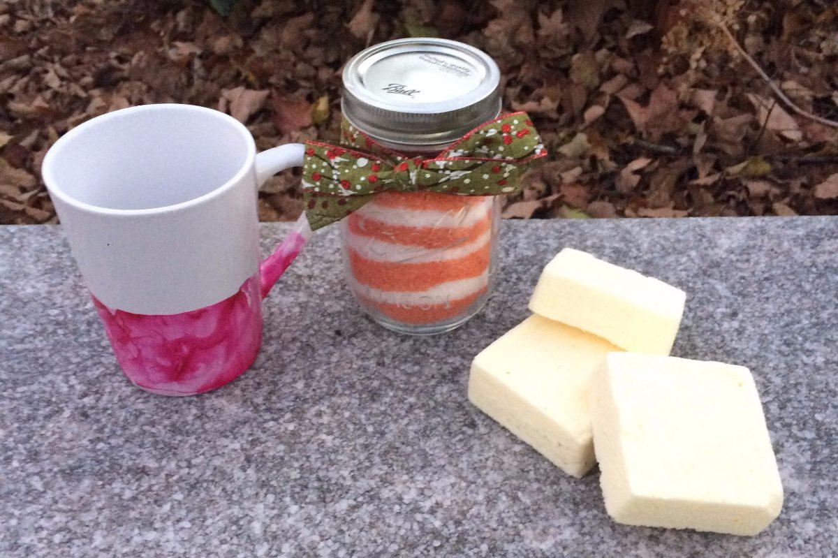 The marbled coffee mugs, candy cane Epsom salts, and DIY bath bombs.