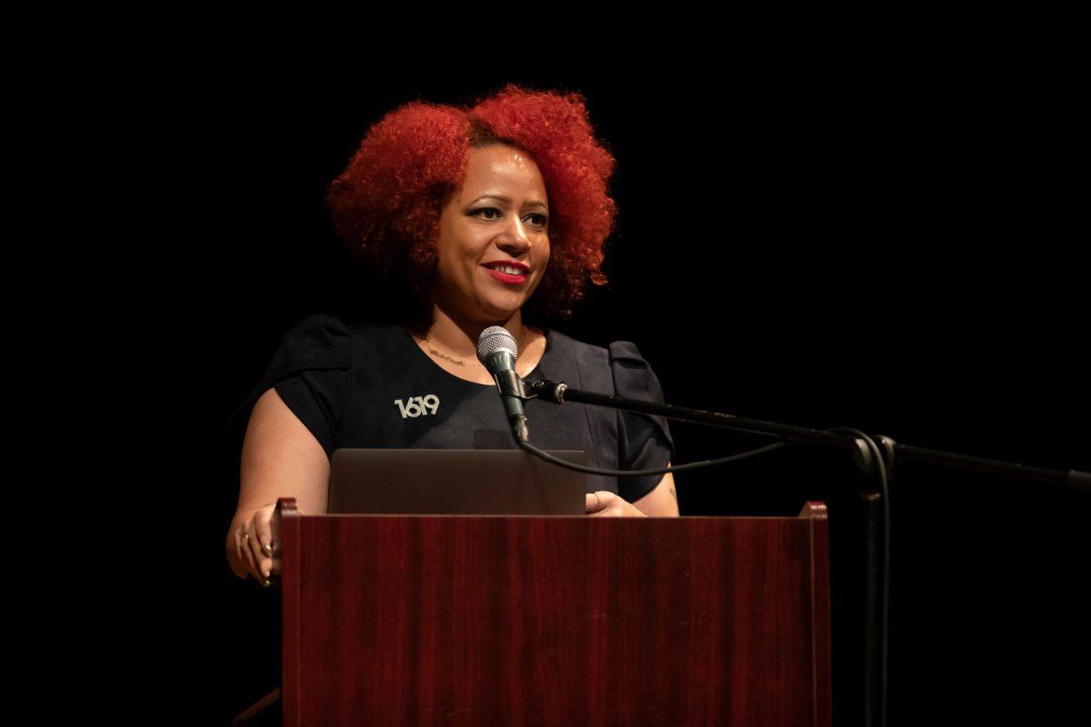 New York Times investigative journalist, Nikole Hannah-Jones, speaks at WSSU on educational equity. Photo courtesy of WSSU.