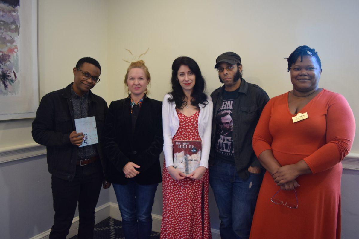 Cameron Awkward-Rich (left), Brenda Iijima, Rosebud Ben-Oni, Kenyatta JP Garcia and Metta-Sama after the Center for Women Writers Embodiment Panel. Photo by Maggie Ryals