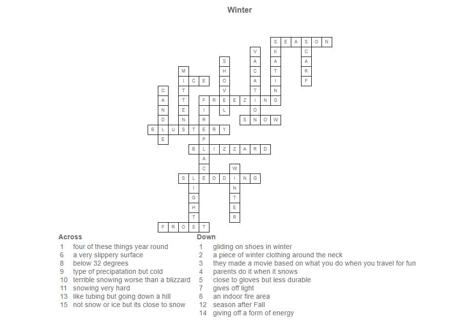 Winter Crossword- ANSWERS