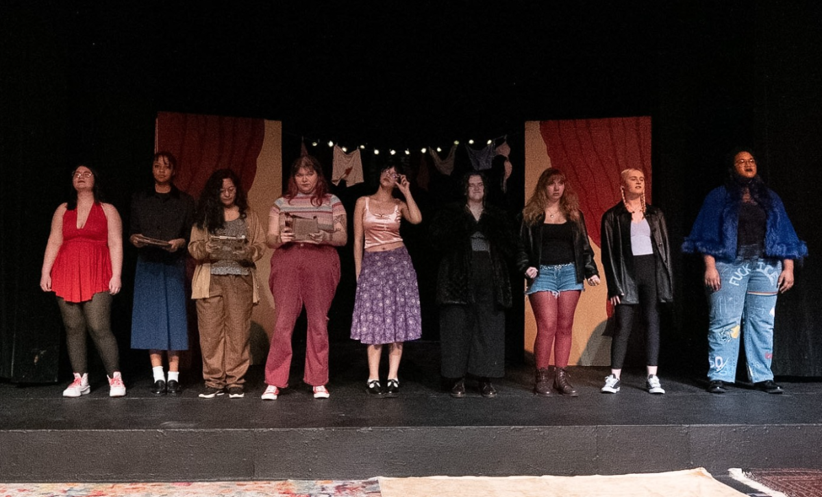 Actors delivering lines during the last rehearsal (From left to right: Samantha Gill, Lera Foust, Cristina Delacruz, Venus Radoslovich, Maryem Hamdouni, Carrie Reagler, Molly “MJ” Togni, Louise Digh, Lee Carpenter). 